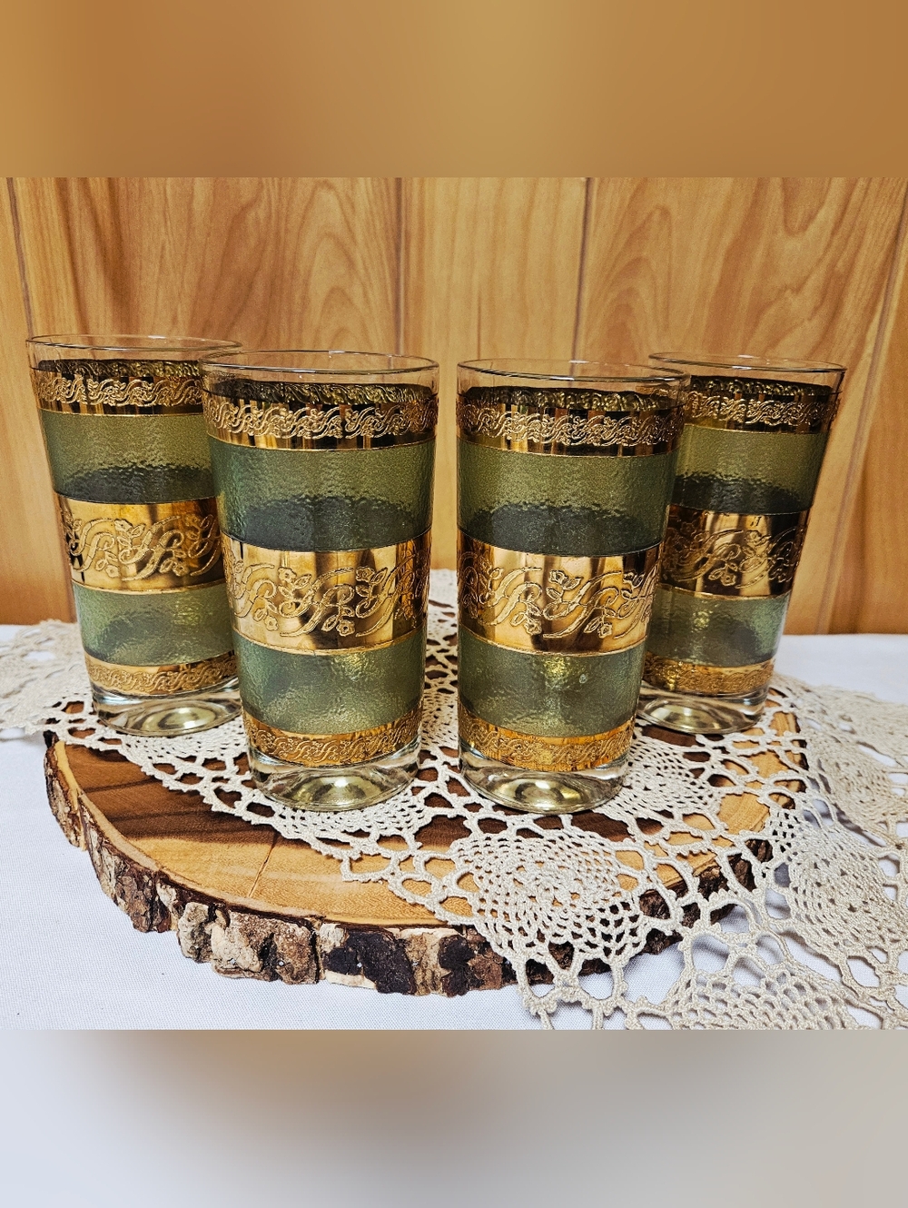 Vintage Culver Starlyte Green Gold Highball Drinking Glass Lot Bundle MCM 4 PC